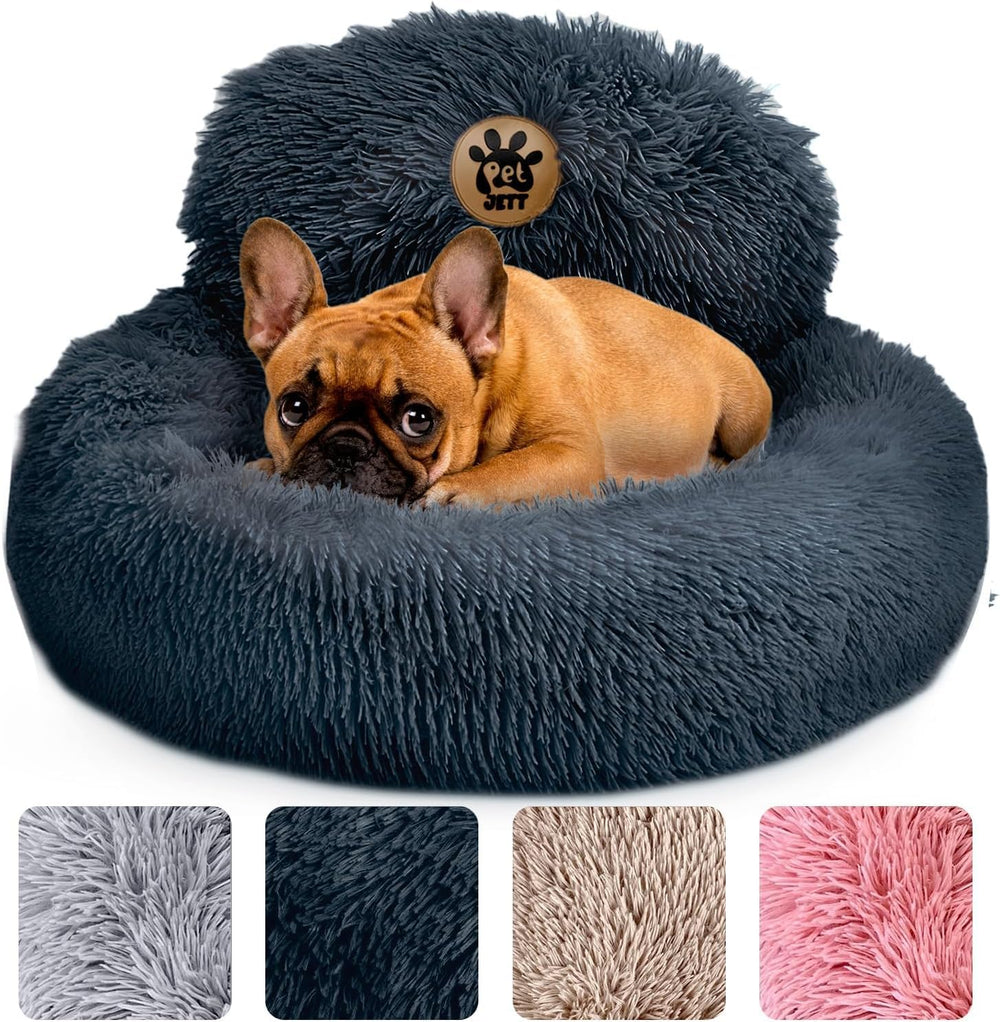 PET JETT Calming Donut Bed closeup fur highlighting plush comfort for cozy naps and calming vibe.