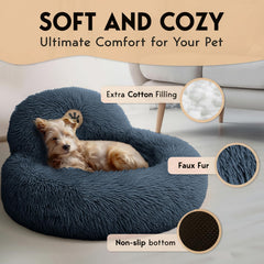PET JETT Donut Bed with support pillow image underscores head and neck comfort.
