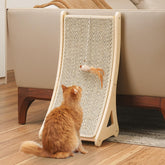 PETKARAY curved scratcher side view shows a sturdy wooden base for durable indoor use