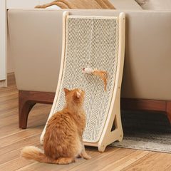 PETKARAY curved scratcher side view shows a sturdy wooden base for durable indoor use