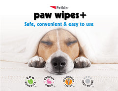 Petkin Paw Wipes Plus moistened with aloe for gentle cleansing.