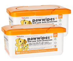 Petkin Paw Wipes Plus two-pack tub for quick paw cleanup on the go.