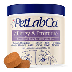 PetLab Co. Allergy & Immune Daily Probiotics bottle with dog chews for gut support.