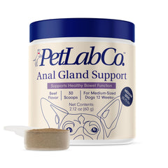 PetLab Co Anal Gland Support powder tub closeup for convenient daily stool health support