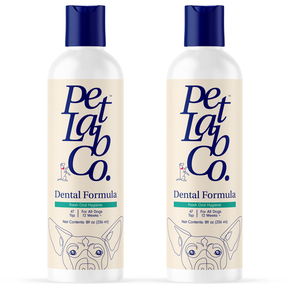 PetLab Co dental water additive being poured targeting tartar buildup for cleaner teeth.