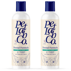 PetLab Co dental water additive being poured targeting tartar buildup for cleaner teeth.