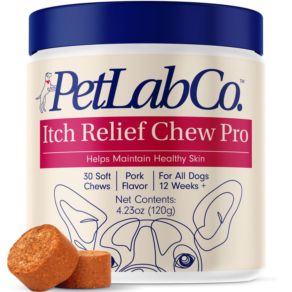 PetLab Co Itch Relief Chew Pro bottle on shelf signaling seasonal skin care