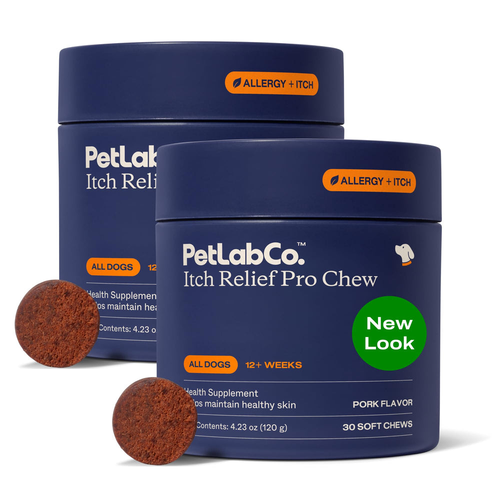 PetLab Co. Itch Relief Chew Pro packaging highlights premium US-made dog supplement.