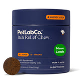PetLab Co Itch Relief Chews bottle on shelf supports healthy skin and coat.