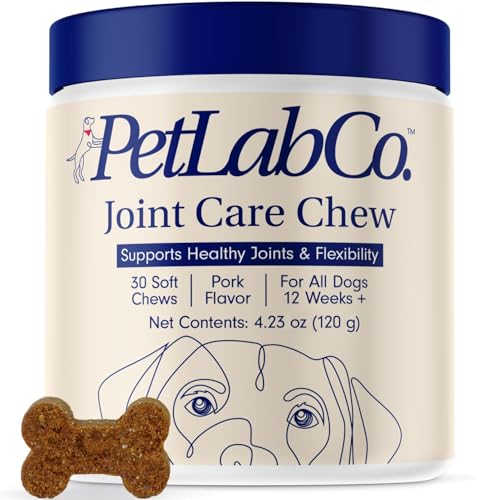 PetLab Co Joint Care Chews bottle front with clear labeling for easy daily mobility support.