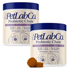 PetLab Co Probiotics for Dogs bottle front showing pork flavor chews for gut health