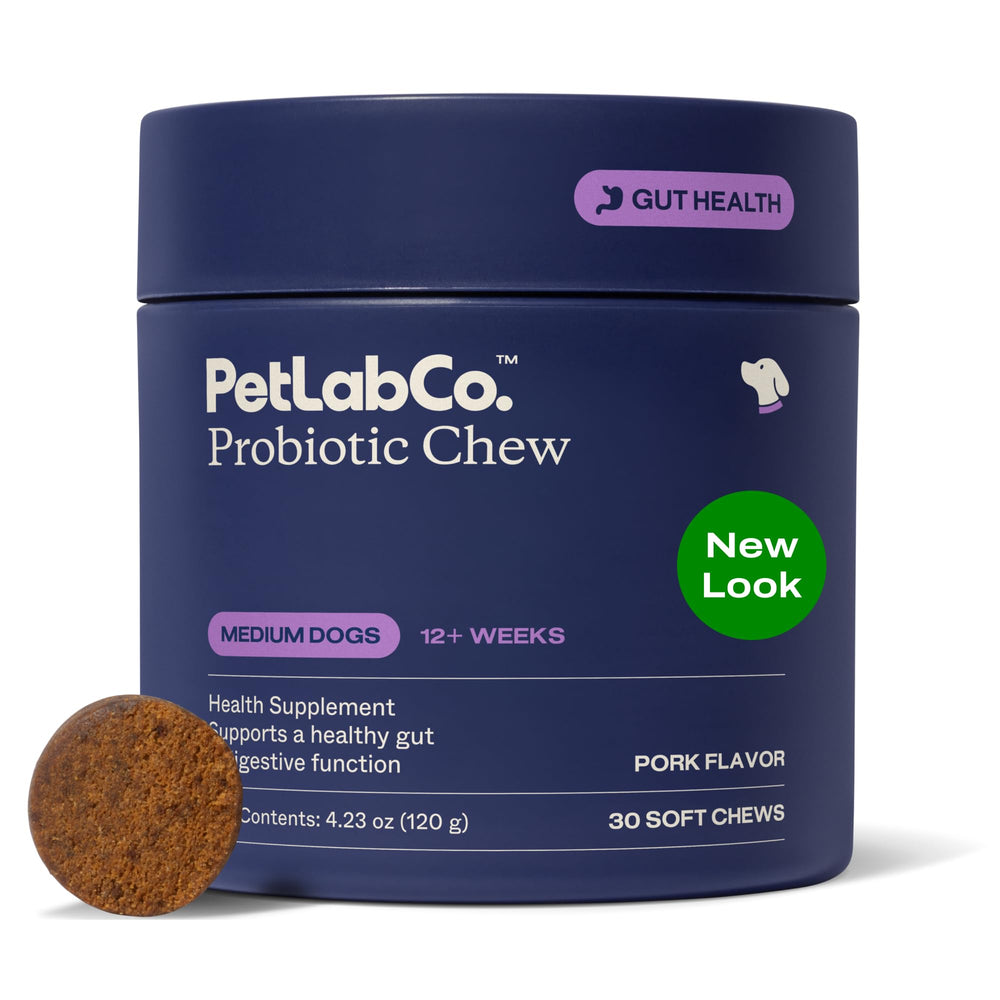 PetLab Co. Probiotics bottle top view with pork-flavor soft chews supports digestive comfort.