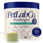 PetLab Co ProBright dental powder packaging close-up with scoops for easy dosing