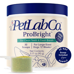 PetLab Co ProBright dental powder packaging close-up with scoops for easy dosing