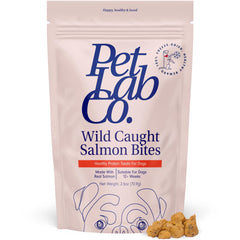 PetLab Co. Wild Caught Salmon Bites bag showing skin and coat health benefits