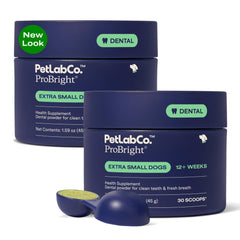PetLab Co. ProBright dental powder bottle front for quick, daily care and fresher breath.