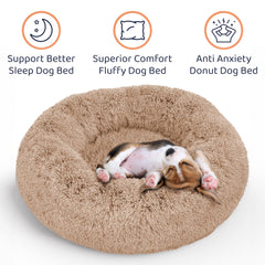 Petloox Donut Dog Bed camel closeup plush emphasizes ultra-soft fabric pets love.