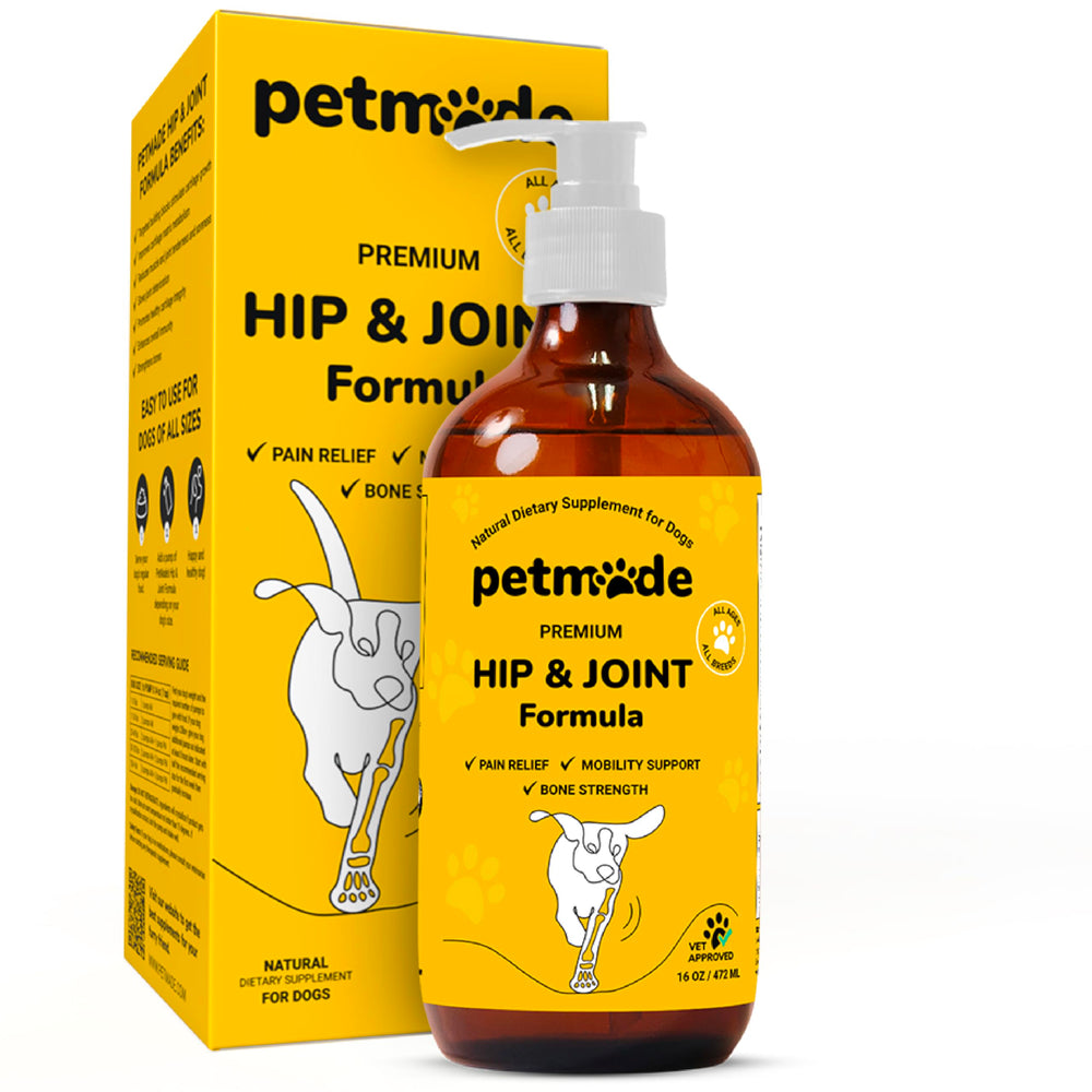PETMADE dog joint supplement bottle — convenient liquid formula for daily mobility support.