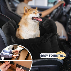 Petnex dog car seat installed in car demonstrates safety belt and leash integration.