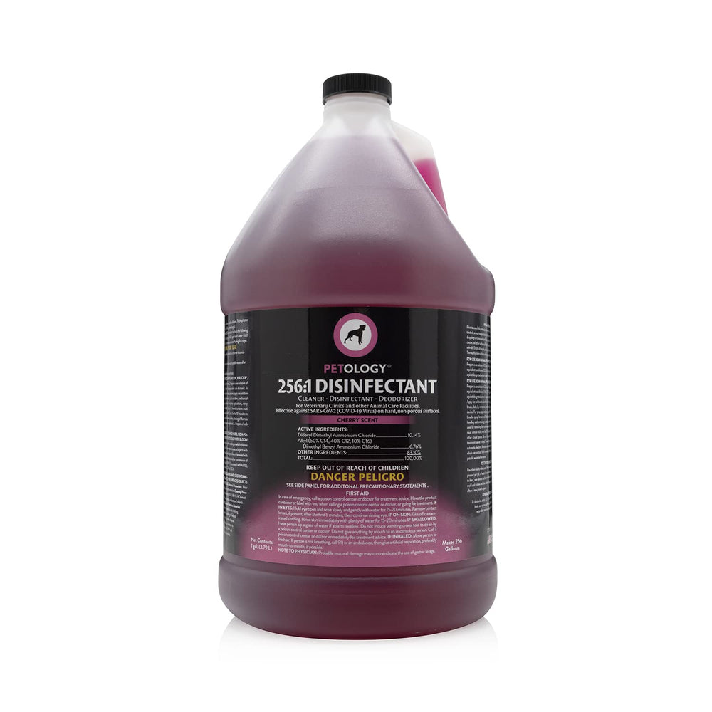 Petology 256:1 disinfectant bottle label shows vet friendly, EPA registered formula