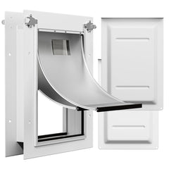 PETOUCH medium iron dog door shows automatic closing magnetic flap for hands-free entry and wind resistance.