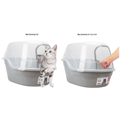 Petphabet Jumbo hooded litter box gray open cover highlights spill-reducing design