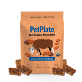 PetPlate Beef and Sweet Potato Bites in a pack highlight organic ingredients for healthy training rewards.