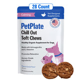 PetPlate Chill Out Soft Chews jar front shows organic ingredients for relaxation support.