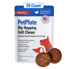 PetPlate Hip Hopping Soft Chews packaging highlights mobility support