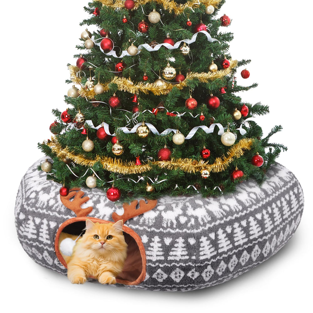 Petrendy Christmas Cat Tunnel Bed under the Christmas tree creates festive shelter and tree protection.
