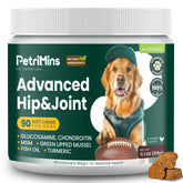 PetriMins Advanced Hip and Joint chews bottle highlights high-strength glucosamine for mobility