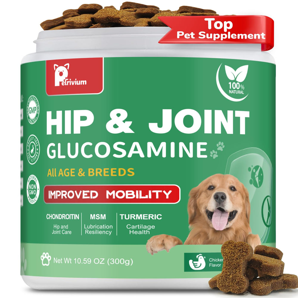 Petrivium dog hip joint chews bottle showing convenient packaging for daily joint support.