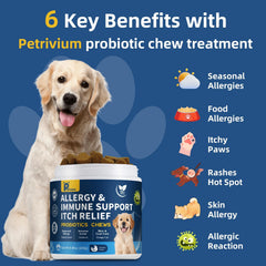 Petrivium Dogs Allergy Chews treats closeup shows palatable formula aiding itch relief.