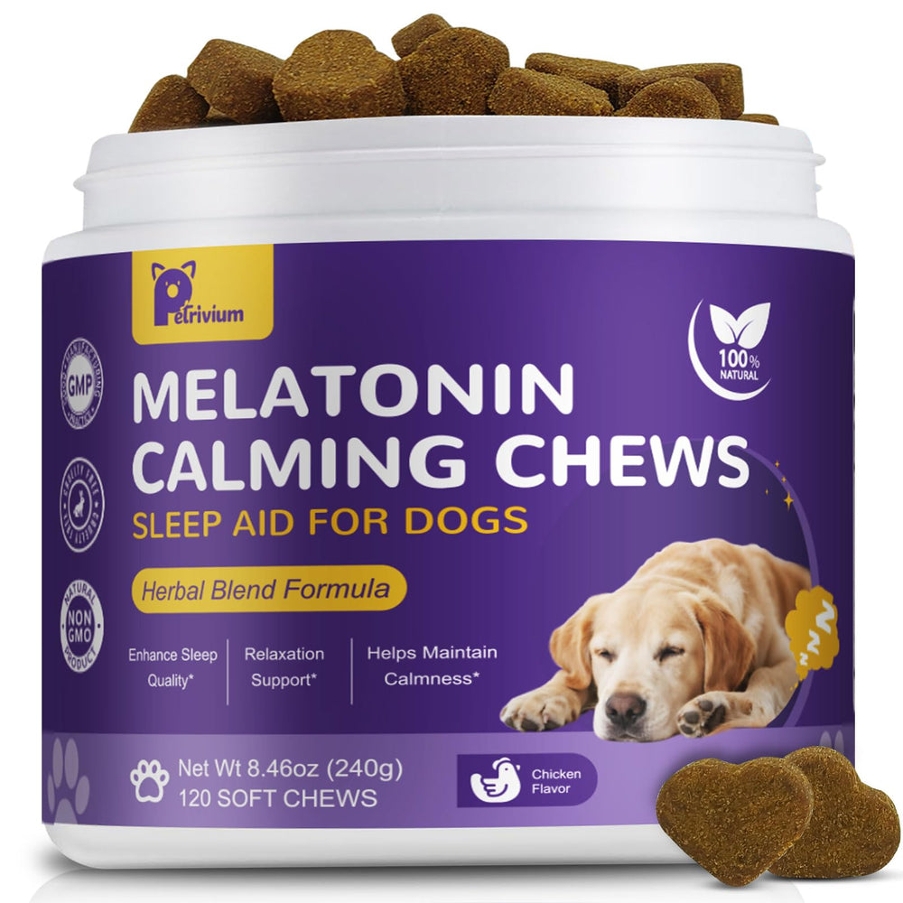 Petrivium Melatonin for Dogs bottle-front signals calming sleep support.