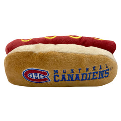 Pets First NHL Montreal Canadiens hot dog plush toy with squeaker for interactive play and team-themed fun.