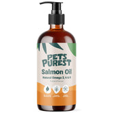 Pets Purest Salmon Oil bottle pour boosts omega intake at mealtimes.