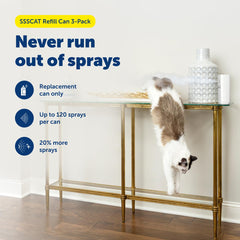 Petsafe SSSCAT odorless air spray demonstrates safe, non-staining corrections near counters