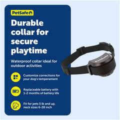 Petsafe Stay & Play adjustable neck 6-28 inches for secure dog fit.