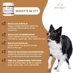 PetScy bottle label with omega-3 and prebiotic fiber details