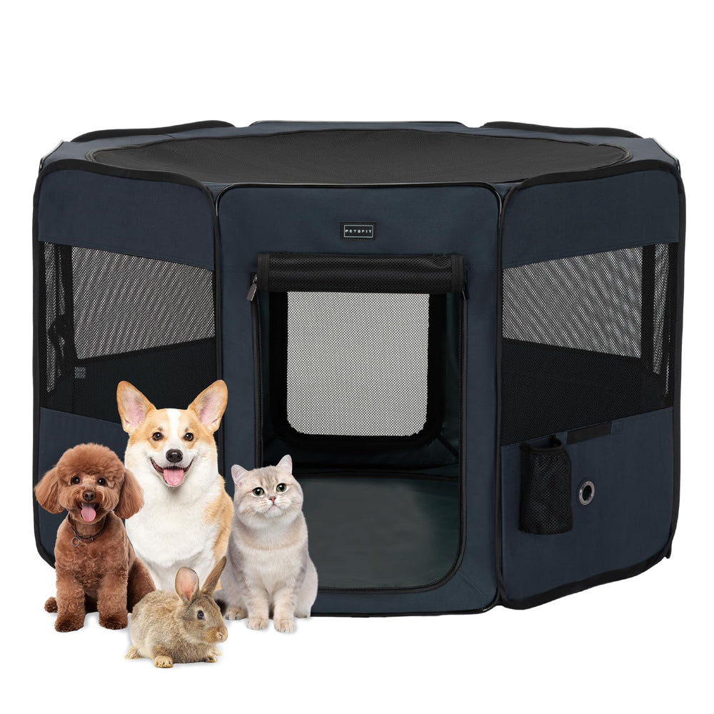 Petsfit 45.5-inch dog playpen setup shows quick indoor assembly for space containment
