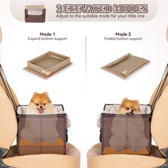 Petsfit car seat size 16 L x 13 W x 11 H inches for small dogs.