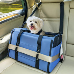 Petsfit cat carrier with patented safety buckles for secure car travel.
