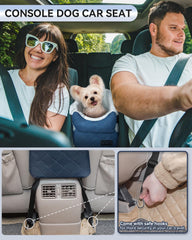Petsfit center-console dog car seat blue front view shows plush cushion for comfort.