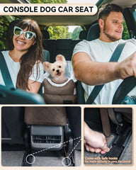 Petsfit center console dog car seat coffee in-car installation showing bottom straps securing stability