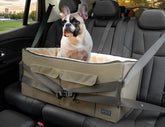 Petsfit dog booster seat front view shows secure fit for safer, calmer drives.