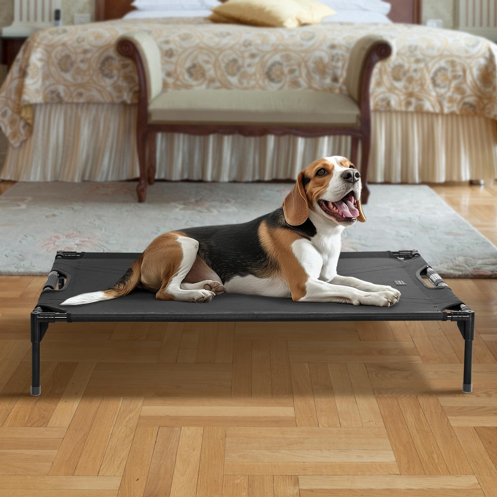 Petsfit elevated outdoor dog bed cooling cot for warm days.