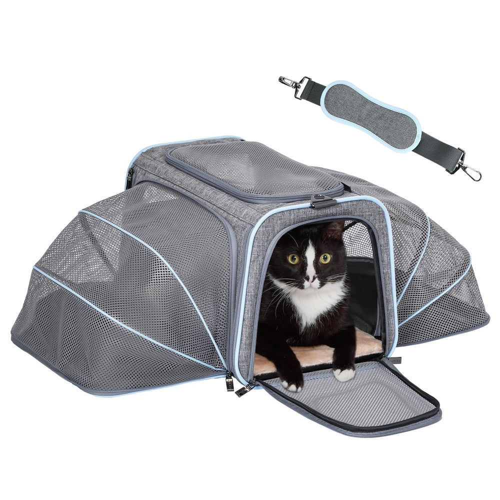 Petsfit expandable carrier side view shows compact profile and expandable space for pets.