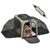 Petsfit expandable cat carrier side view shows extra space for relaxed lounging on trips.