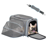 Petsfit expandable pet carrier front view highlights roomy travel space for pets on trips.