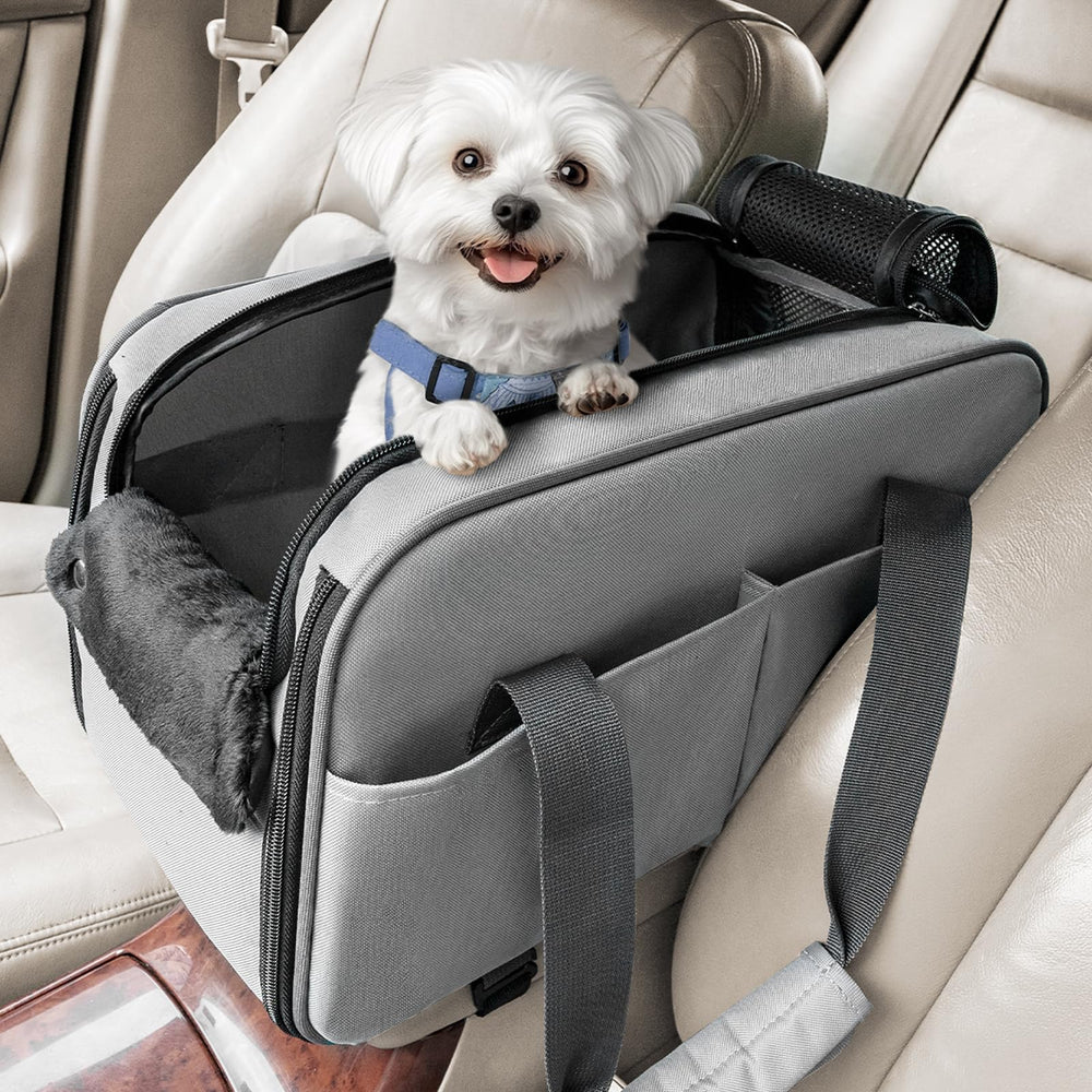 Petsfit multipurpose console dog seat under-seat design for airline travel.
